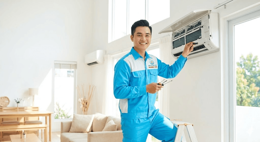 Workers installing AC units